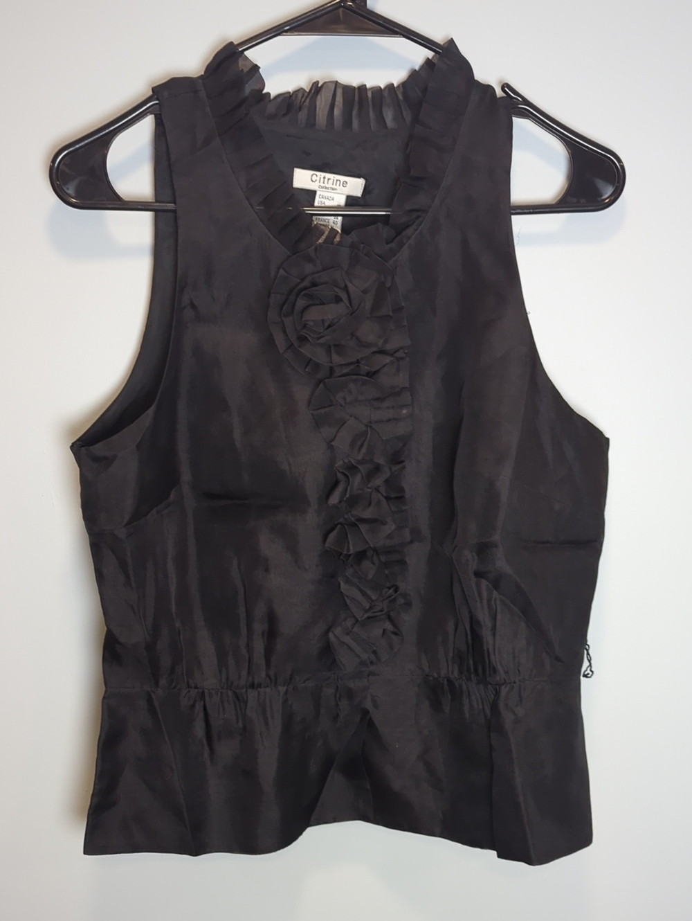 CITRINE COLLECTION 100% Silk Black Ruffle Front Sleeveless Top US10